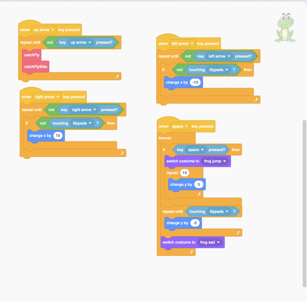 Scratch Frog Game: Catch the Flies Before Time Runs Out Scratch Frog Movement and Jump Code Scratch frog movement code using arrow keys, x and y coordinates, lily pad sensing, and jumping