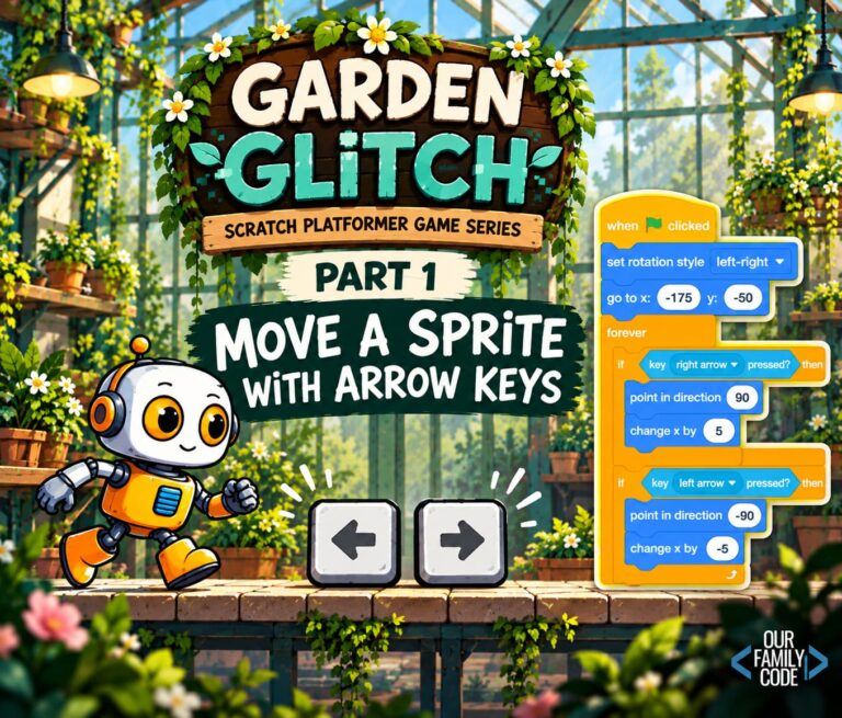 Garden Glitch Scratch platformer tutorial with Byte the robot and left and right arrow key controls