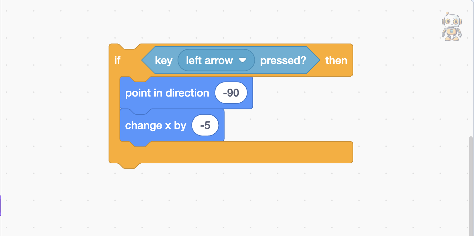 Scratch Player Movement: Move a Sprite with Arrow Keys Scratch Left Arrow Movement Code Scratch code checking the left arrow key and moving Byte left by decreasing the x-coordinate