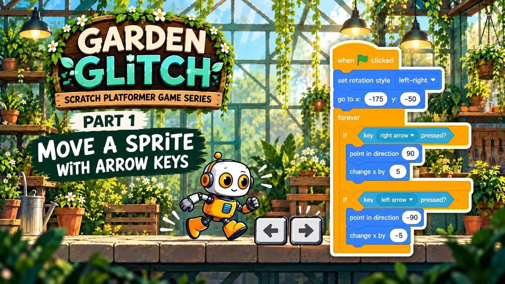 Scratch Player Movement: Move a Sprite with Arrow Keys Scratch Player Movement with Arrow Keys Scratch player movement tutorial showing Byte the robot, arrow keys, and left and right movement code