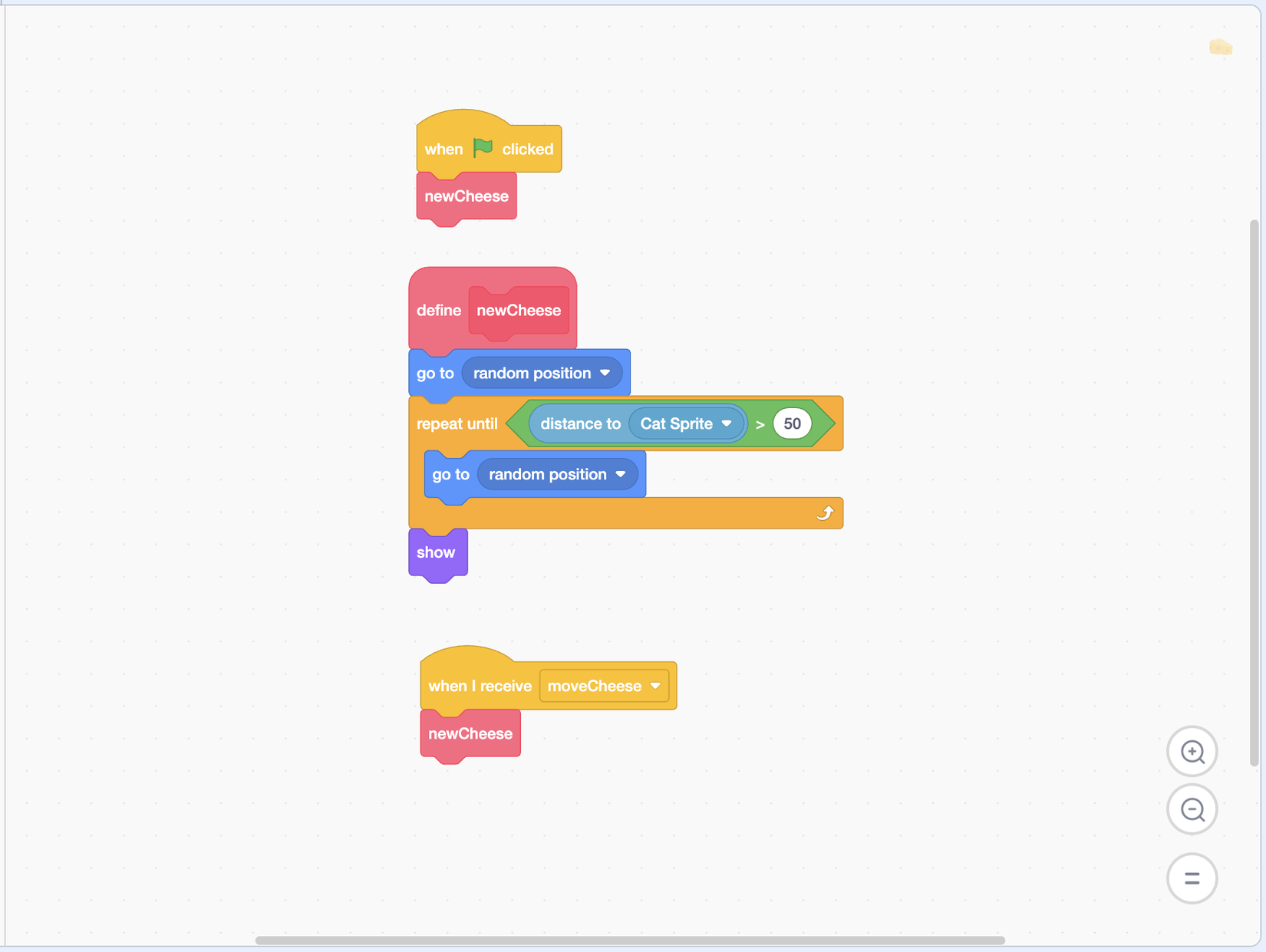 Scratch cheese placement code choosing random positions until the cheese is more than 50 pixels from the cat
