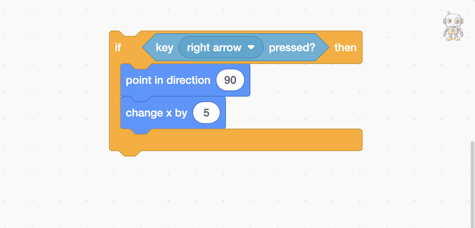 Scratch Player Movement: Move a Sprite with Arrow Keys Scratch Right Arrow Movement Code Scratch code checking the right arrow key and moving Byte right by increasing the x-coordinate
