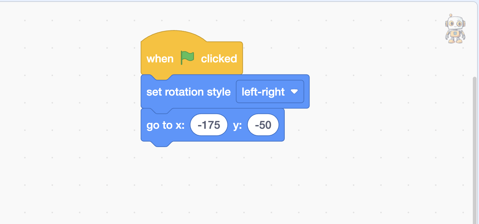 Scratch Player Movement: Move a Sprite with Arrow Keys Scratch Sprite Starting Position and Rotation Scratch code setting Byte's left-right rotation style and starting position at x negative 175 and y negative 50